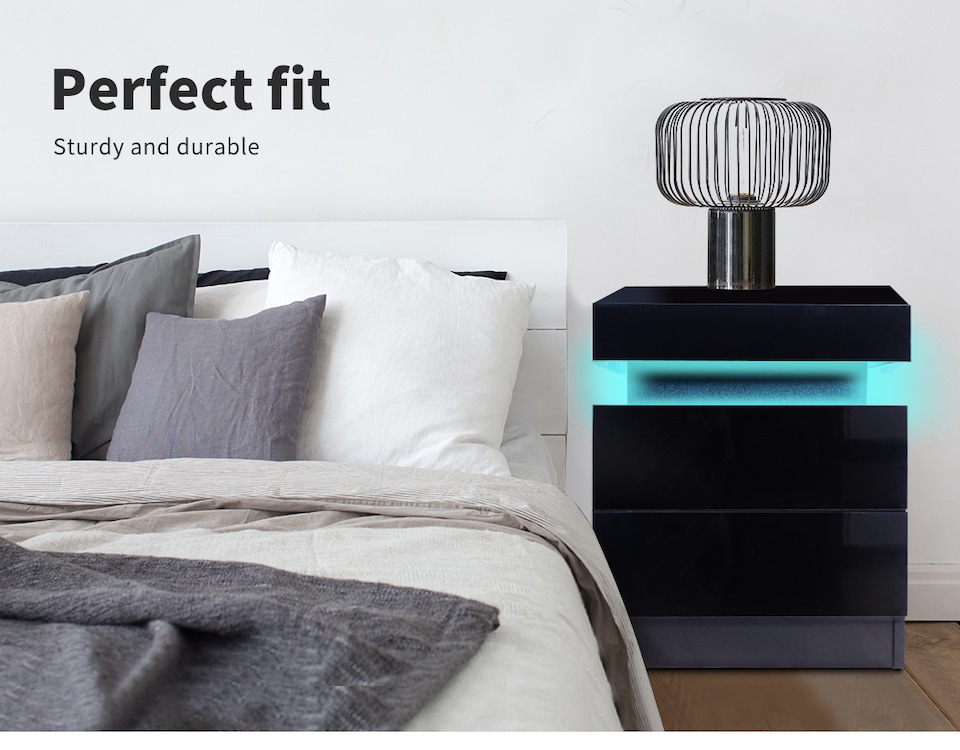 image 1 of Levede 2 Drawer Bedside Table High Gloss RGB LED Nightstand Cabinet | Black | Black