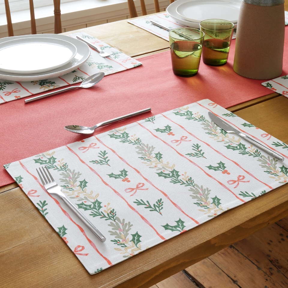image 1 of Catherine Lansfield Christmas Holly Stripe Cotton Dining Placemat 4 Pack