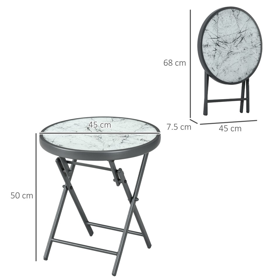 image 1 of Outsunny Round Folding Side Table w/ Imitation Marble Glass Top, White
