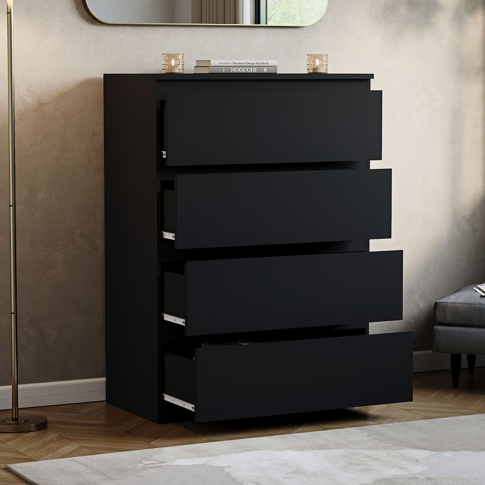 image 1 of Vida Designs Denver 4 Drawer Chest of Drawers Bedroom Storage, Black