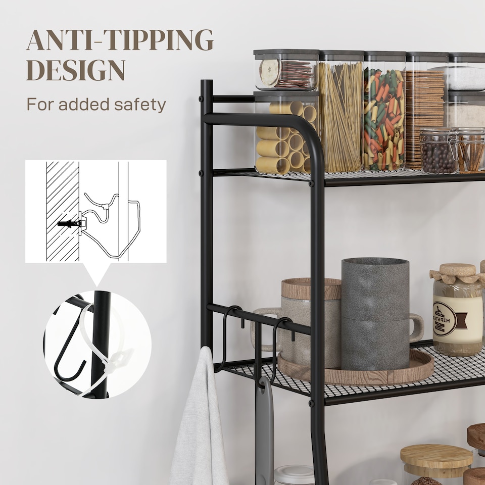 image 1 of HOMCOM 5-Tier Kitchen Storage Unit, Microwave Stand with 5 Mesh Open Shelves and 4 Hooks, Modern Coffee Bar Station with Steel Frame for Living Room, Black