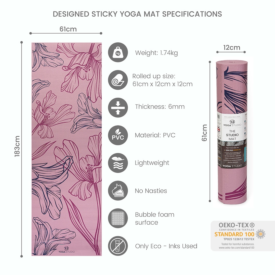 image 1 of Yoga Studio Designed Sticky Yoga Mat 6mm - Dusty Pink Mat Lively Lilium | Multi | Dusty Pink Mat Lively Lilium | 183cm x 61cm x 6mm