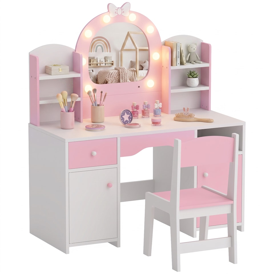 image 1 of AIYAPLAY Kids Dressing Table with Stool, Lighted Mirror, Pink
