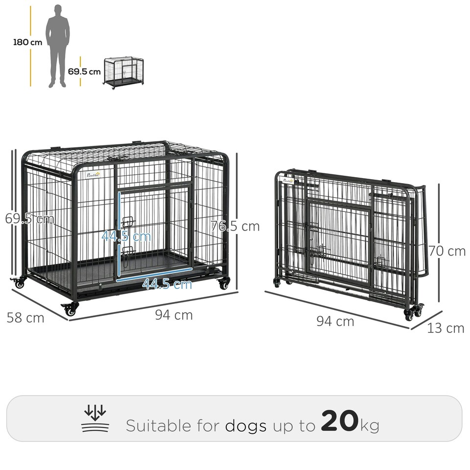 image 1 of PawHut 69.5x94cm Metal Dog Cage Kennel w/ Locking Door & Wheels Medium Pets