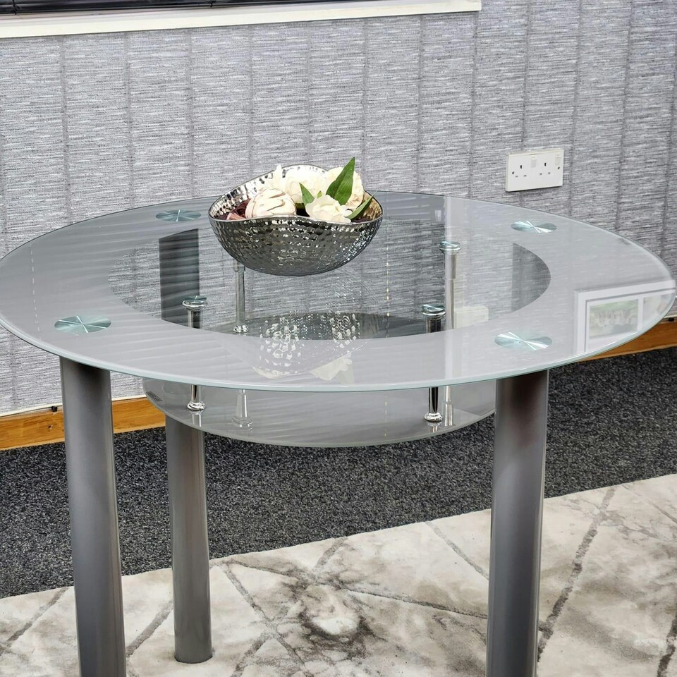 image 1 of Glass Grey Dining Table Round Dining Table Dining Room Kitchen Furniture Grey