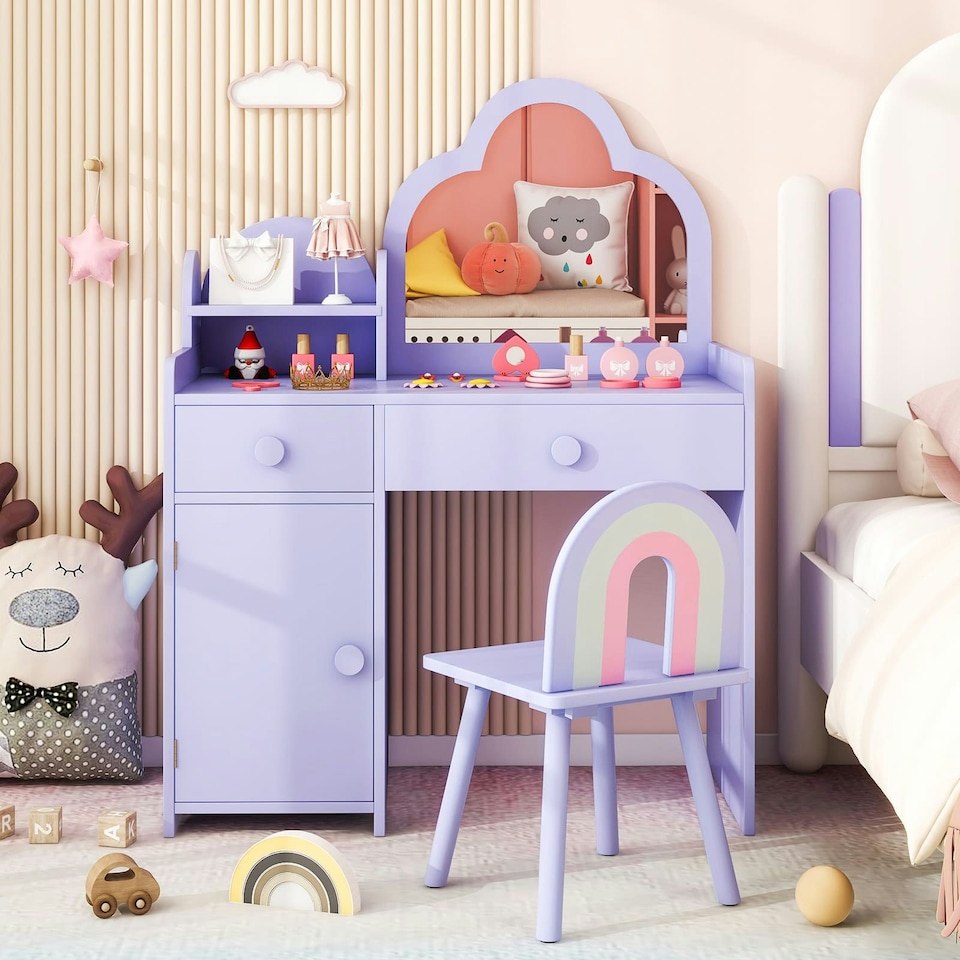 image 1 of COSTWAY Kids Vanity Table and Chair Set w/Mirror Purple