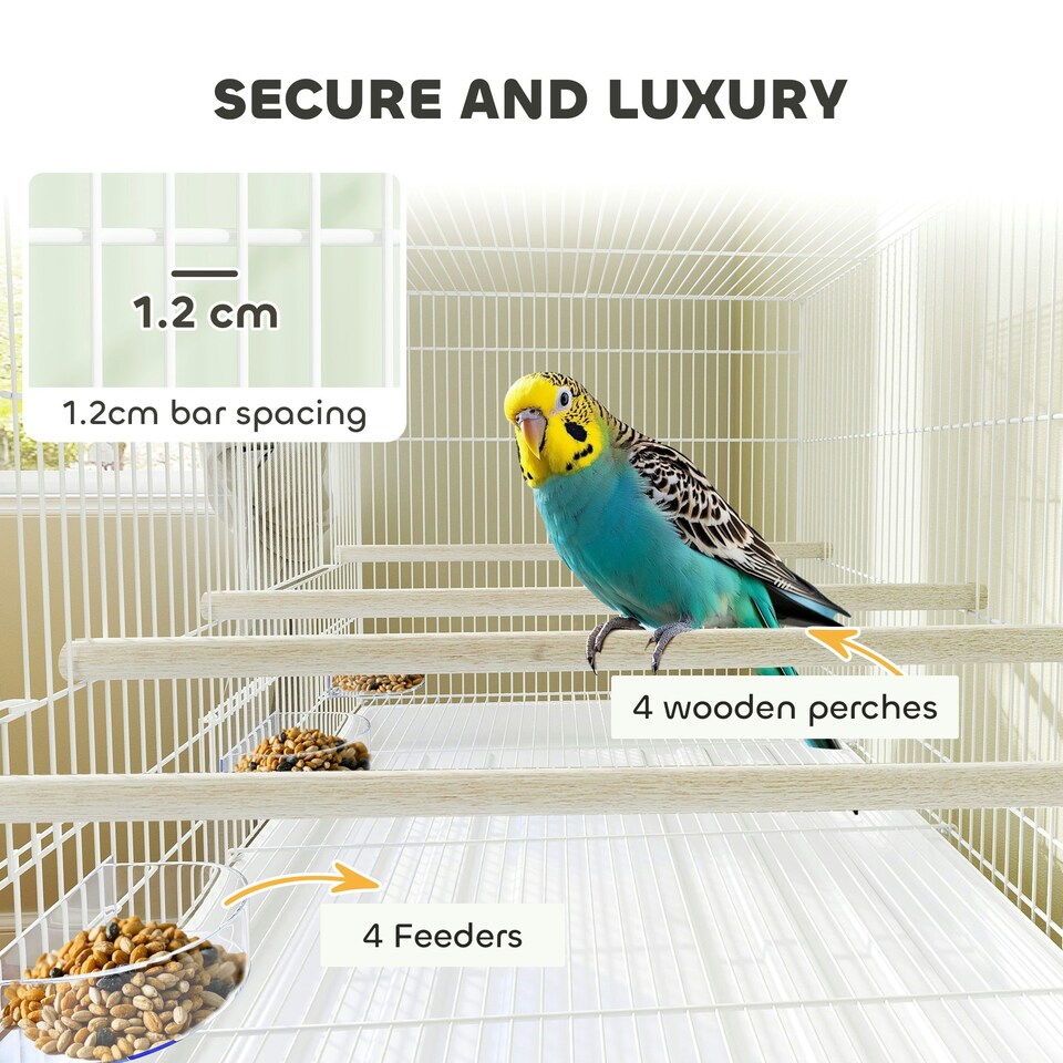 image 1 of PawHut Bird Cage with Divider, 4 Wooden Perches, Slide Out Tray, White
