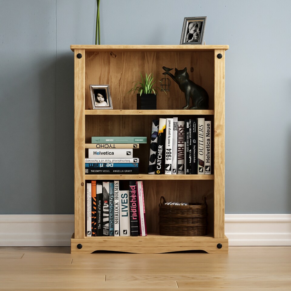 image 1 of Vida Designs Corona 3 Shelf Low Bookcase Display Unit, Solid Pine Wood