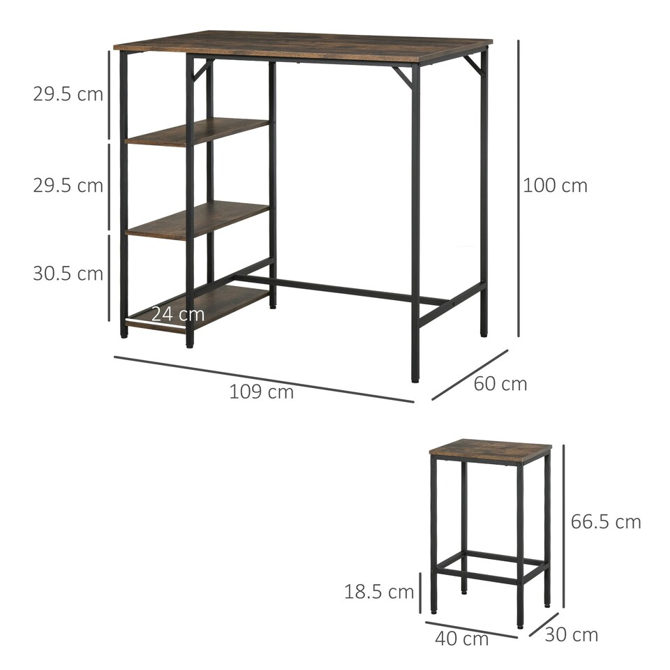 image 1 of HOMCOM Industrial Bar Height Dining Table Set 3 Pieces Bar Set with Shelf