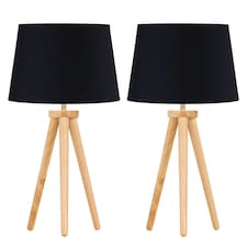 Set of 2 Light Oak Table Lamp or Bedside Lights with Black Shades Brown | Black