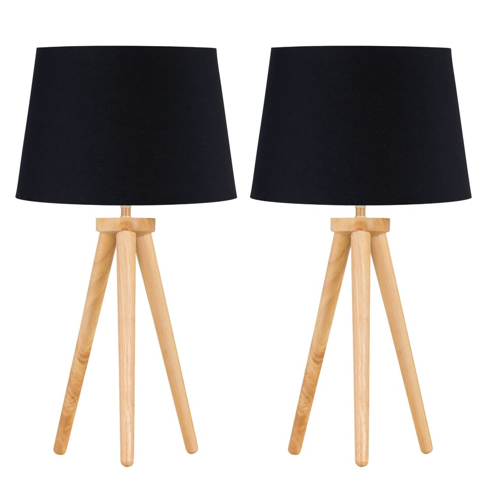 image 1 of Set of 2 Light Oak Table Lamp or Bedside Lights with Black Shades Brown | Black
