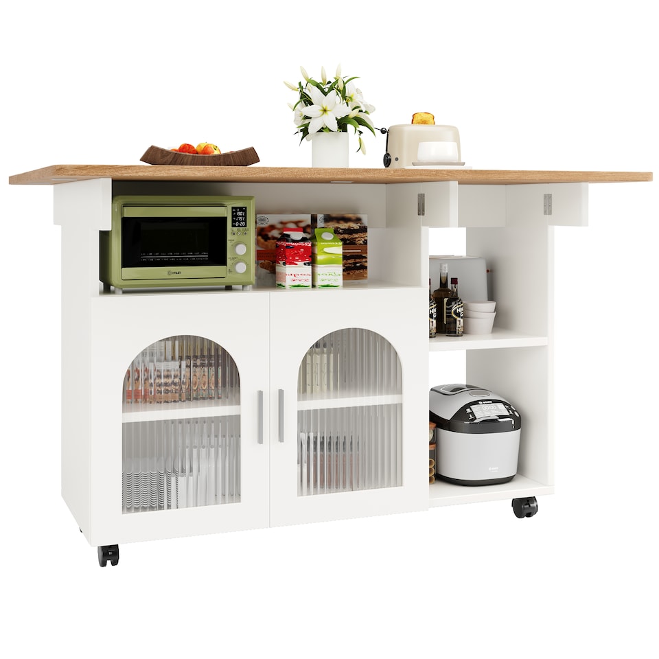 image 1 of VILUXE Kitchen island, kitchen cabinet, removable serving trolley, buffet cabinet, dining trolley with wood grain, buffet cabinet, multifunctional dining table with storage space, White
