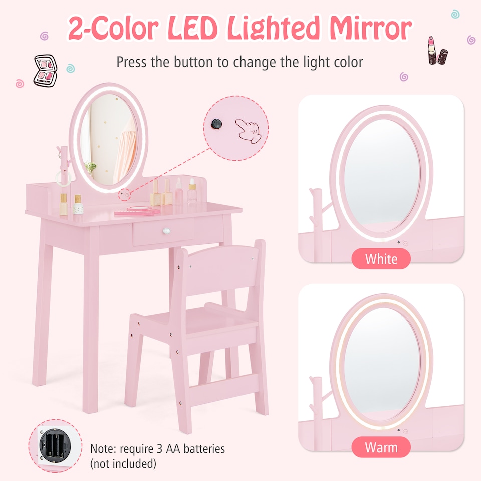 image 1 of COSTWAY Kids Vanity Set Makeup Beauty Dressing Table Pink