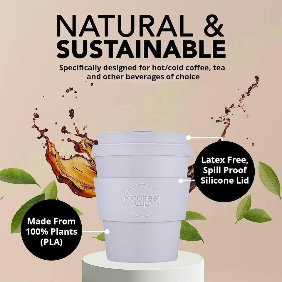 image 1 of Ecoffee Cup 8oz 240ml Reusable Eco-Friendly 100% Plant Based Coffee Cup with Silicone Lid & Sleeve - Melamine Free Travel Mug N/A | Glittertind