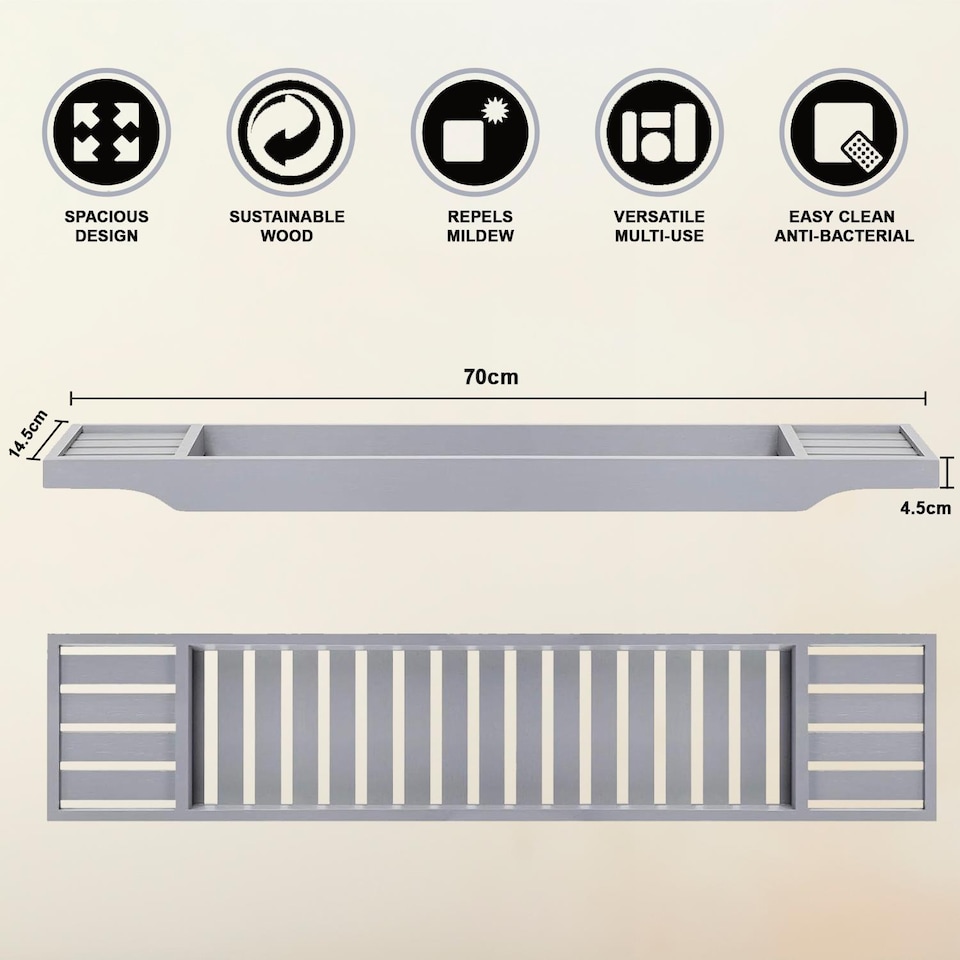 image 1 of Luxury Bamboo Bath Caddy Tray Wood Bathtub Storage Organizer Grey