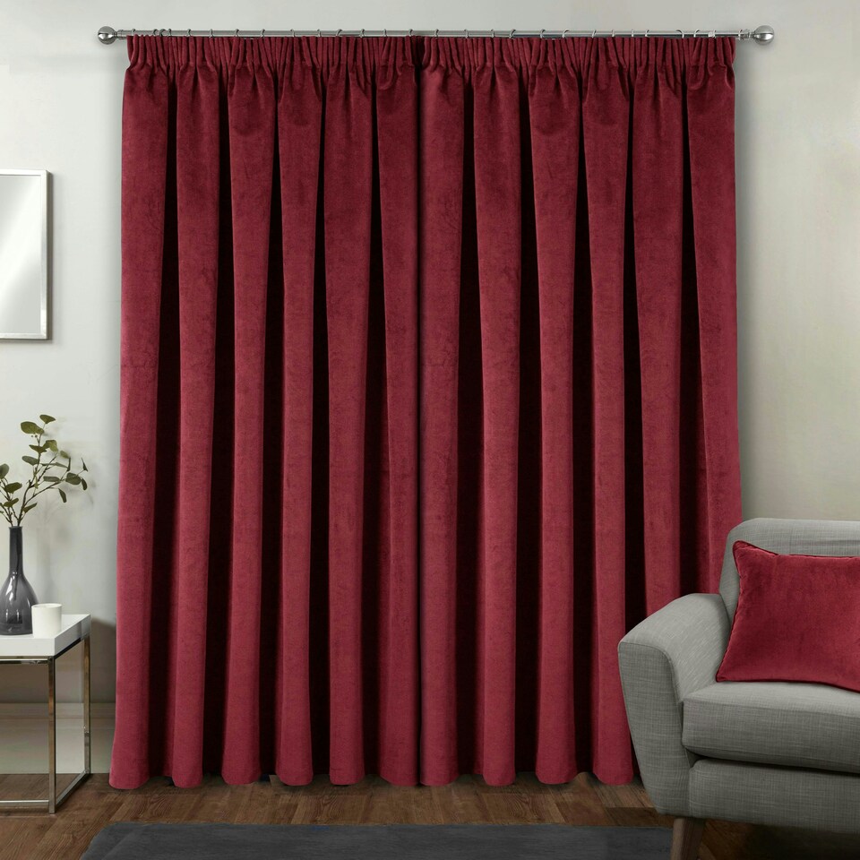 image 1 of Oxford Red Velvet Curtains 66 x 72 inch (168 x 183 cm) 100% Blackout Pencil Pleat Thermal Noise Reducing Curtains for Bedroom and Living Room
