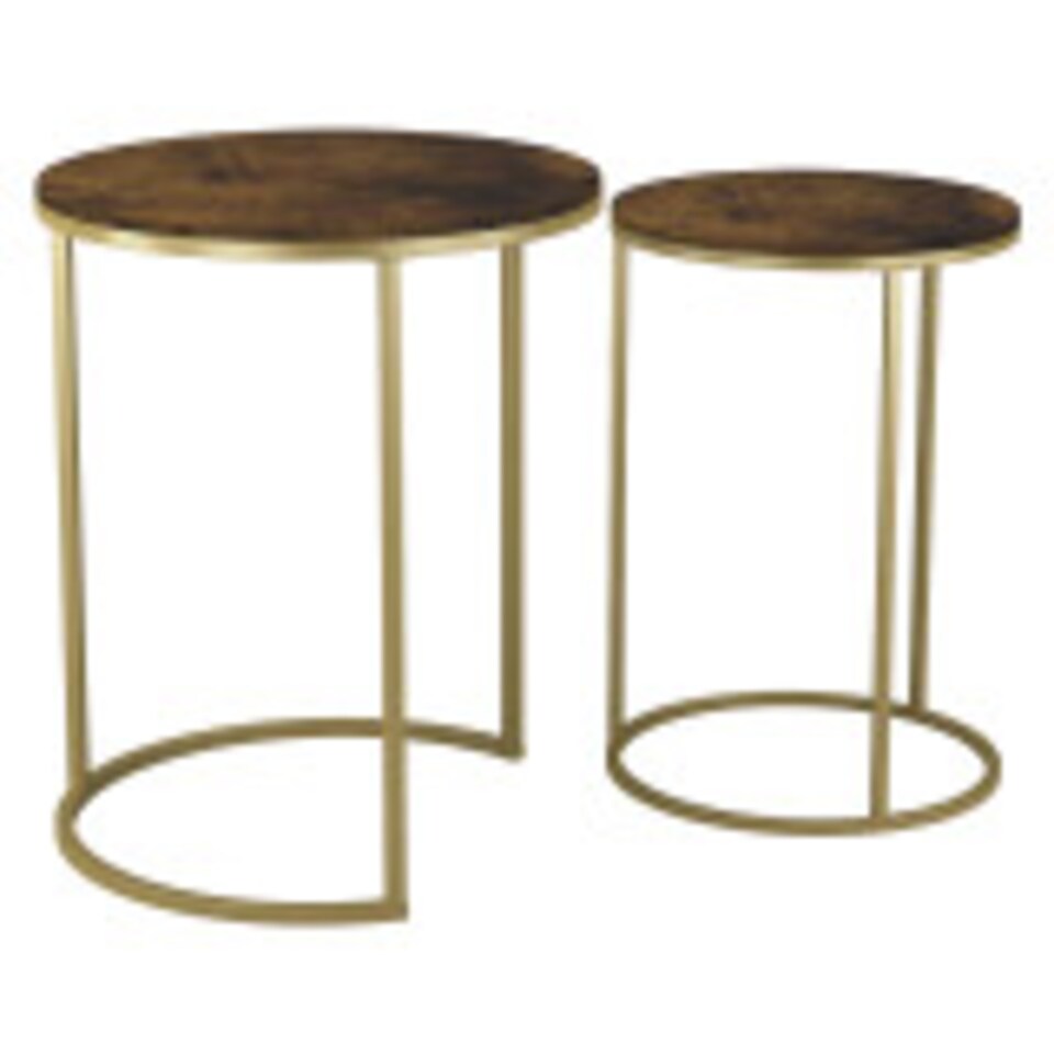 image 1 of 2Pc Round Nesting Stackable Sofa Side Bedside End Table Set Wood Top Metal Legs | Multi | Rustic Brown Top with Gold Legs