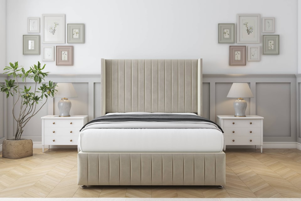 image 1 of Sloomy Marlborough Cream Plush Divan Bed Base 2 Drawers Foot-End With 54 Inch Wingback Headboard & 12 Inch Matching Footboard | Cream | Cream | King | 1