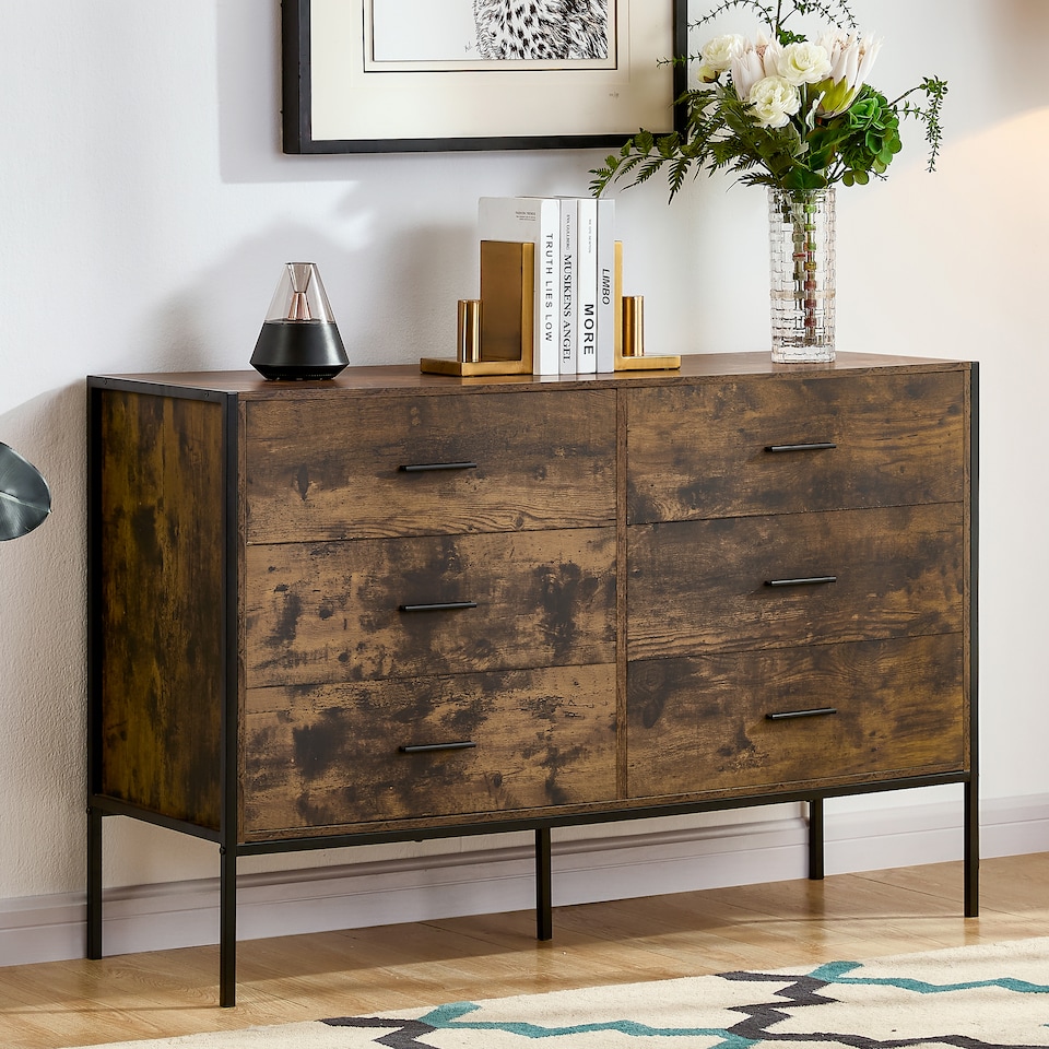 image 1 of Vida Designs Brooklyn 6 Drawer Chest of Drawers Industrial Bedroom Storage, Dark Wood