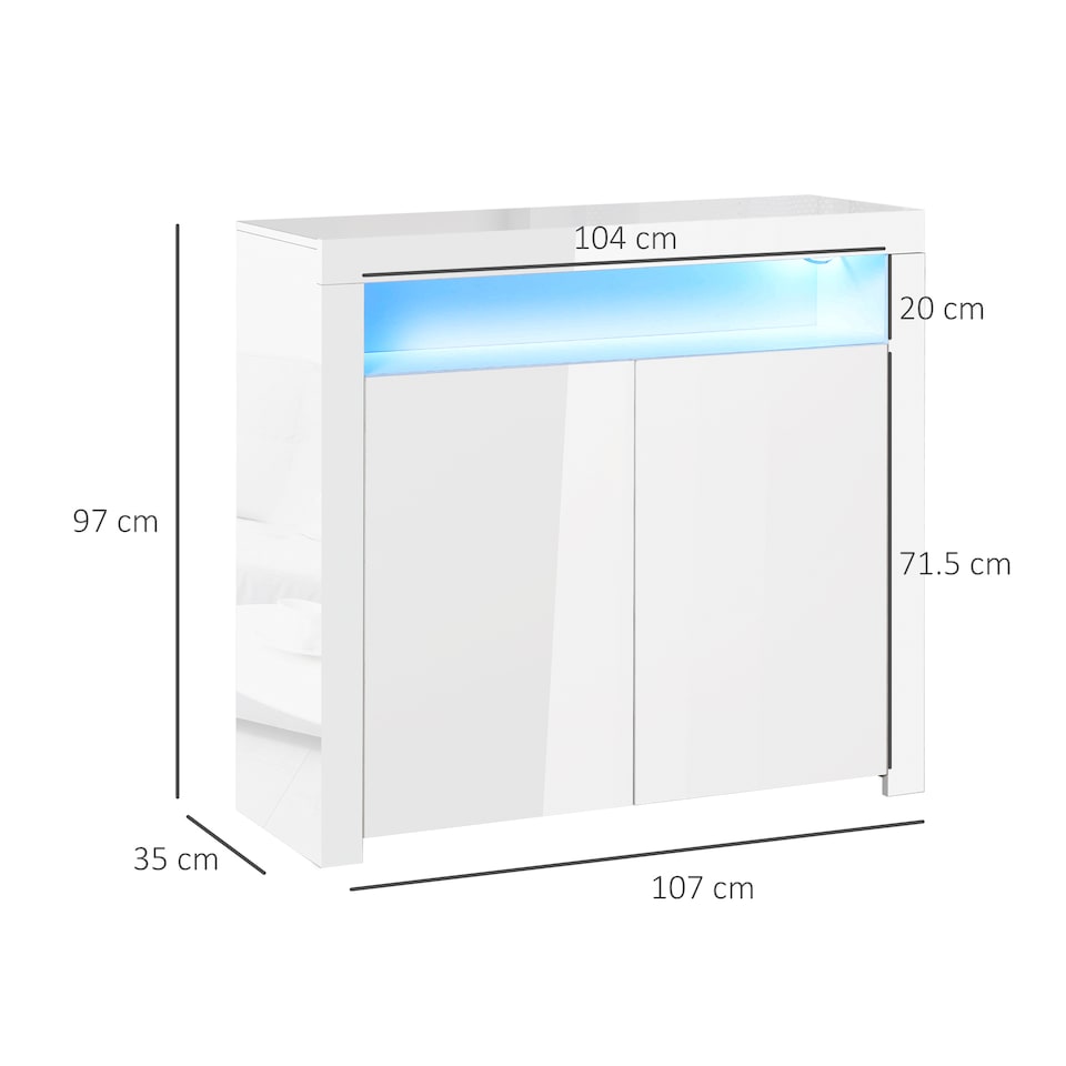 image 1 of HOMCOM 2-Door Sideboard with LED Light, High Gloss Lighted Storage Cabinet with Shelves and Open Compartment, Modern Kitchen Sideboard for Dining Room, Living Room, 107 x 35 x 97cm, White