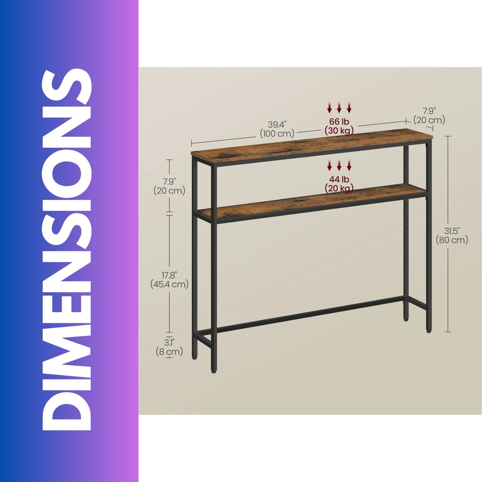 image 1 of Industrial Slim Console Table With 2 Shelves Rustic Brown Brown
