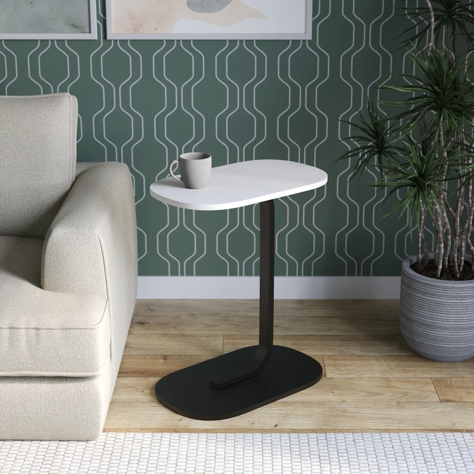 image 1 of C Shaped Oval Side End Wood & Metal Table Bedside Couch Sofa Living Room Bedroom | Multi | White