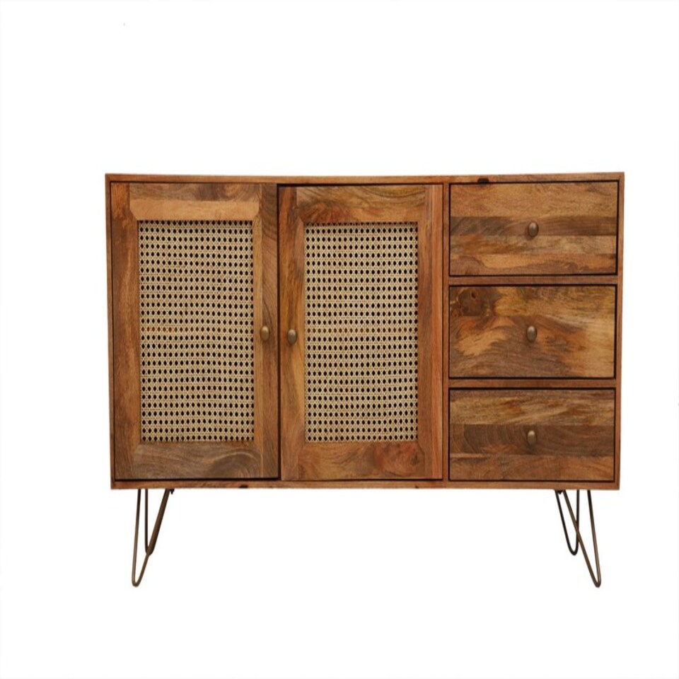 image 1 of Nyack Large Sideboard - Mango Wood/Iron - L40 x W145 x H80 cm - Light Brown with Natural Rattan - Assembly Required | Brown