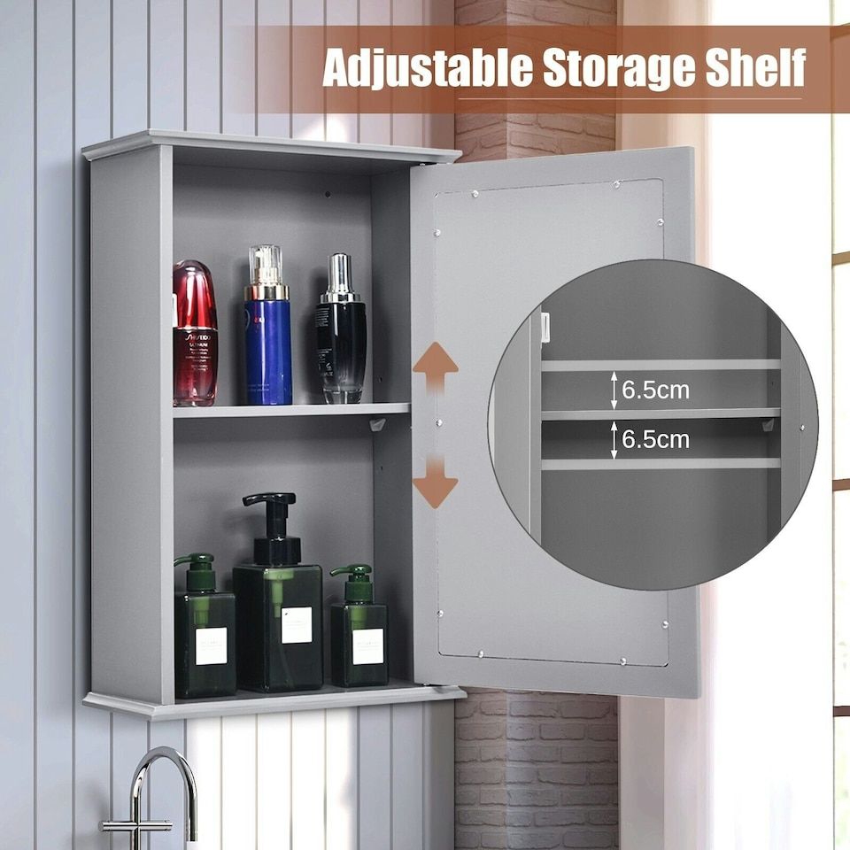 image 1 of COSTWAY Bathroom Mirror Cabinet Wall Mounted Storage Grey Grey