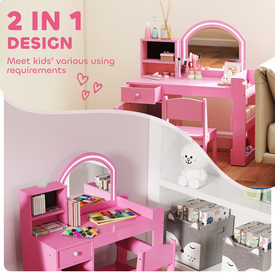 image 1 of AIYAPLAY Kids Vanity Table and Chair Set, Girls Dressing Table with 2-Colour LED Mirror, Stool, Cabinet, Drawer, Bookshelf and Shelves for Ages 3-8 Years | Pink