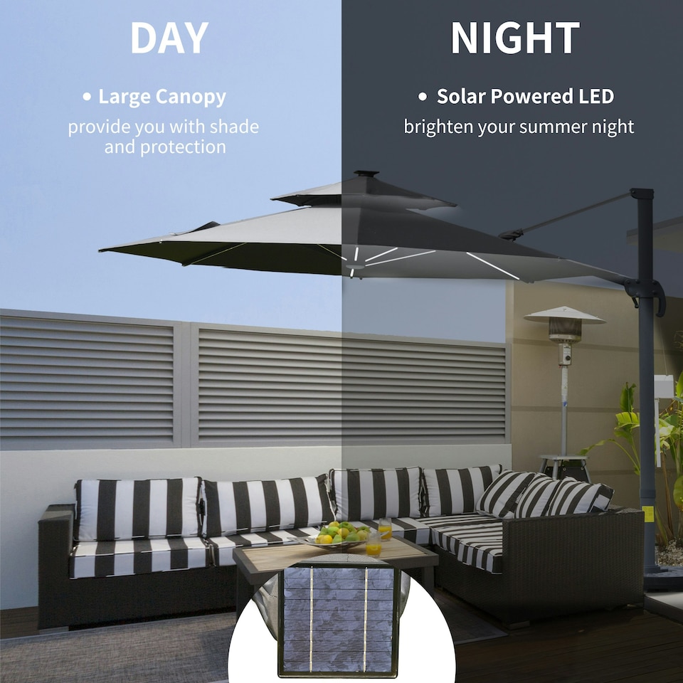 image 1 of Outsunny 3m Cantilever Parasol Solar Lights Power Bank Base 360° Spin Dark Grey