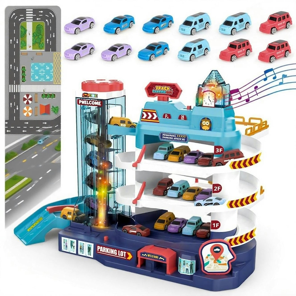 image 1 of 2-in-1 Garage Track Set with Elevator, 12 Mini Cars, Music & Lights – Kids Car Playset for Ages 3+