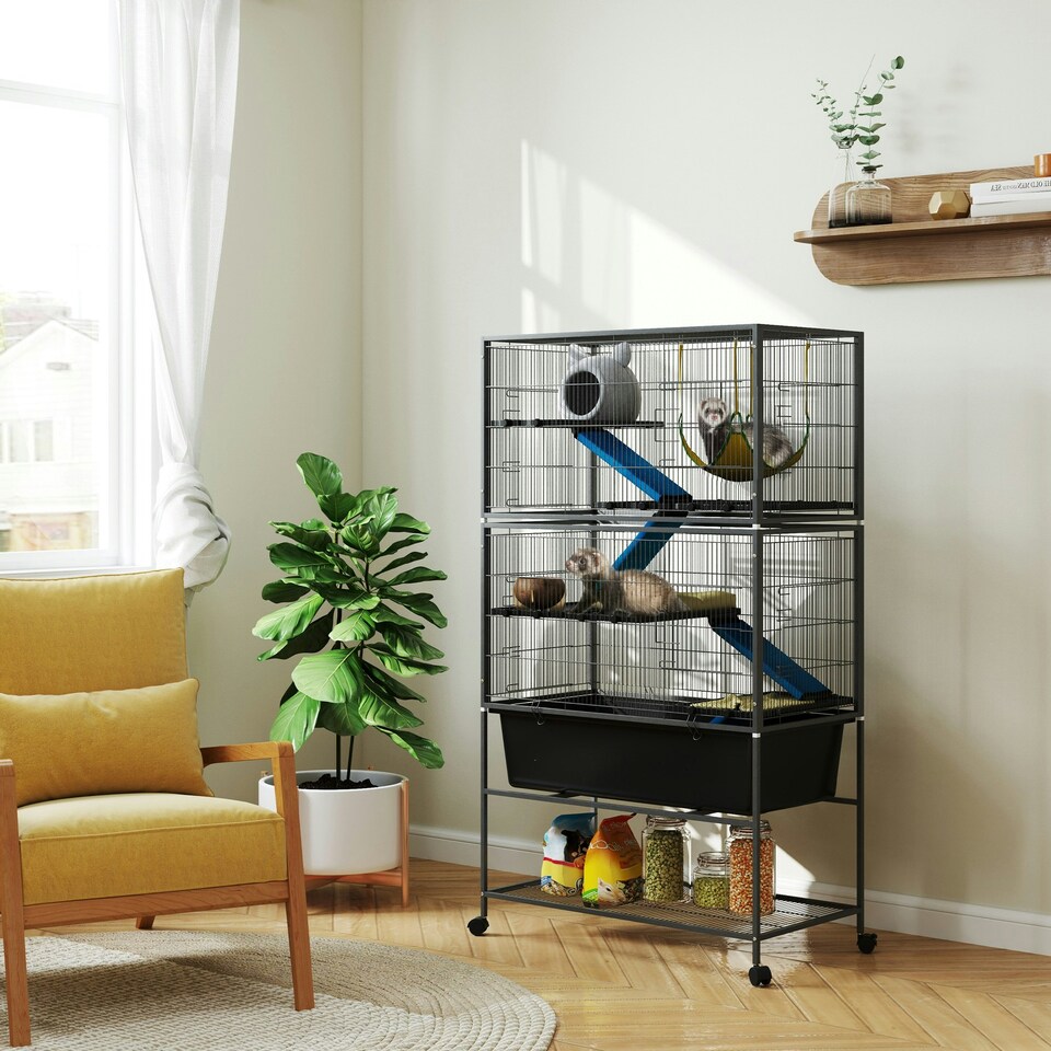 image 1 of PawHut 5 Levels Rolling Small Animal Cage with Non Slip Cloth Covered Ramps