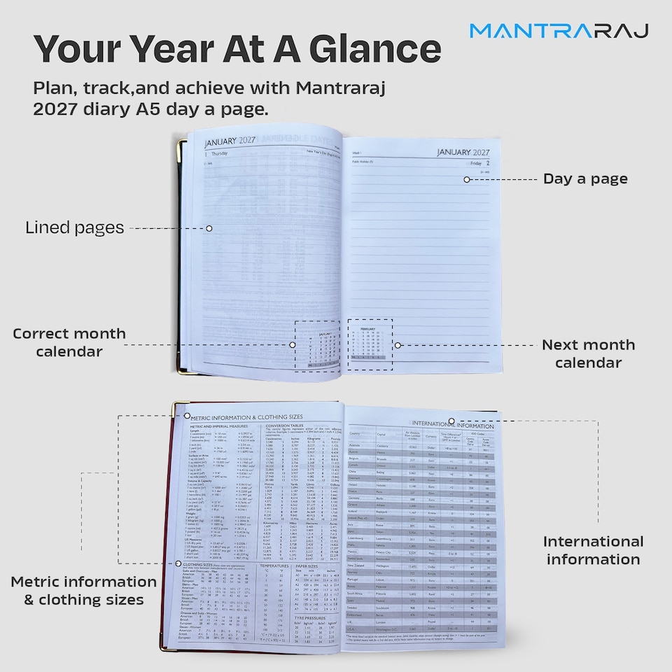 image 1 of MantraRaj 2027 Diary A5 Page A Day Padded Case Bound Desk Diary Office Organiser Planner Red