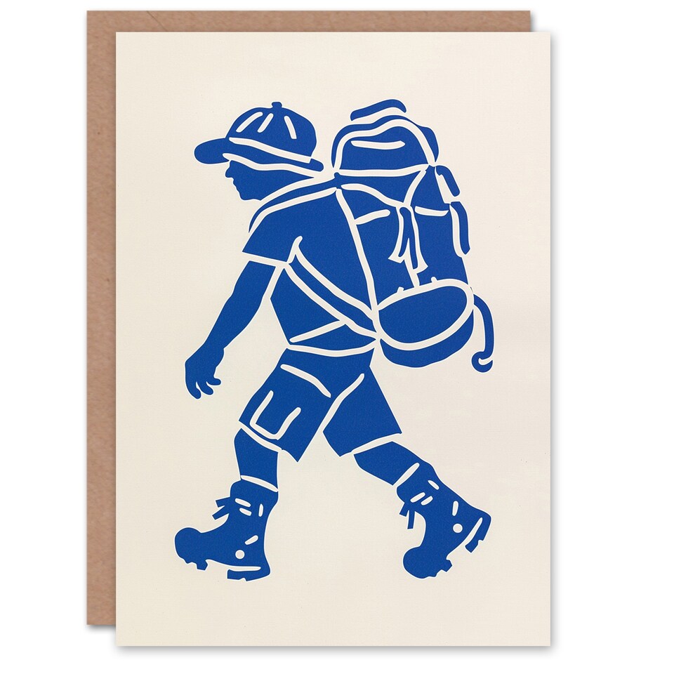 image 1 of Hiking Blue on White Camping Hike Backpacker Good Luck Card