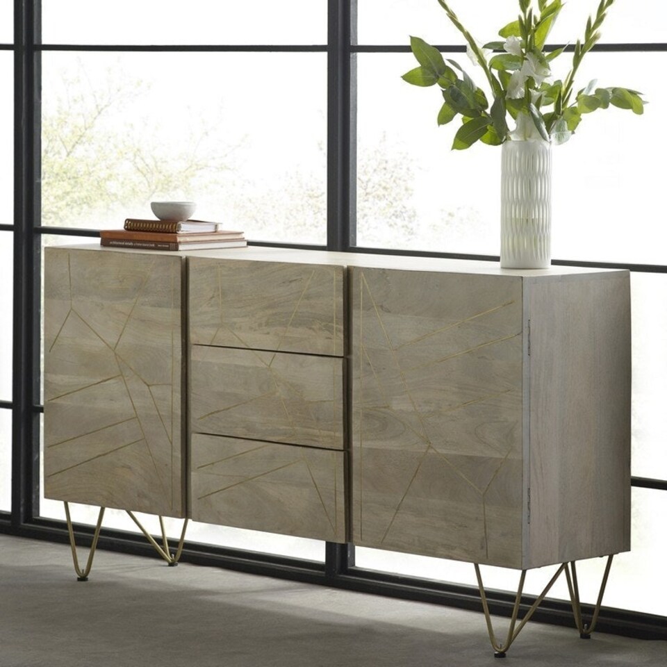image 1 of Light Gold Extra Large Sideboard 3 Drawers And 2 Doors - Solid Mango Wood - L40 x W160 x H85 cm Brown