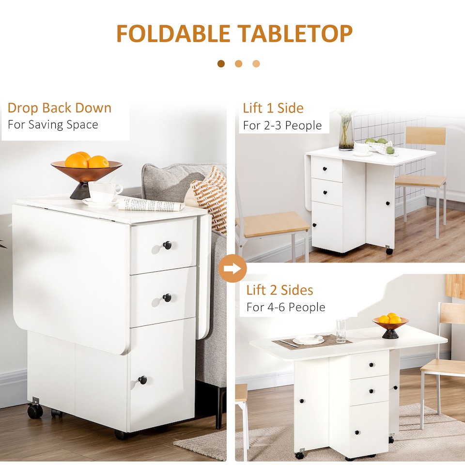 image 1 of HOMCOM Folding Dining Table for 4-6 Drop Leaf Table on Wheels White