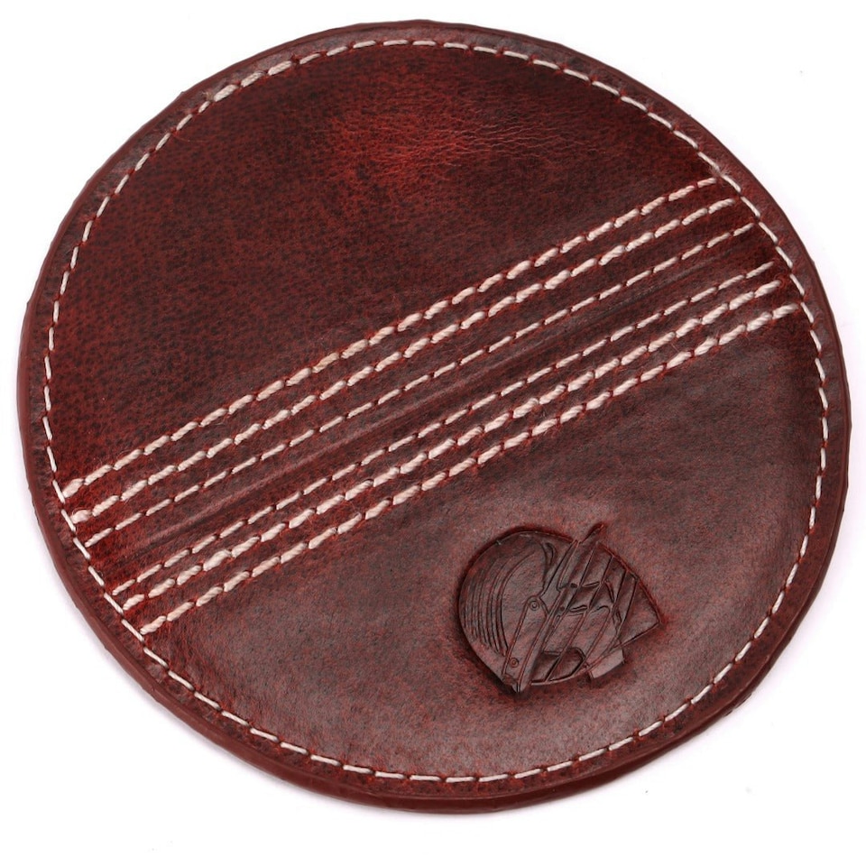 image 1 of CRICKET-GIFTS - Buffalo Leather Coaster | White Cricket Ball Stitching