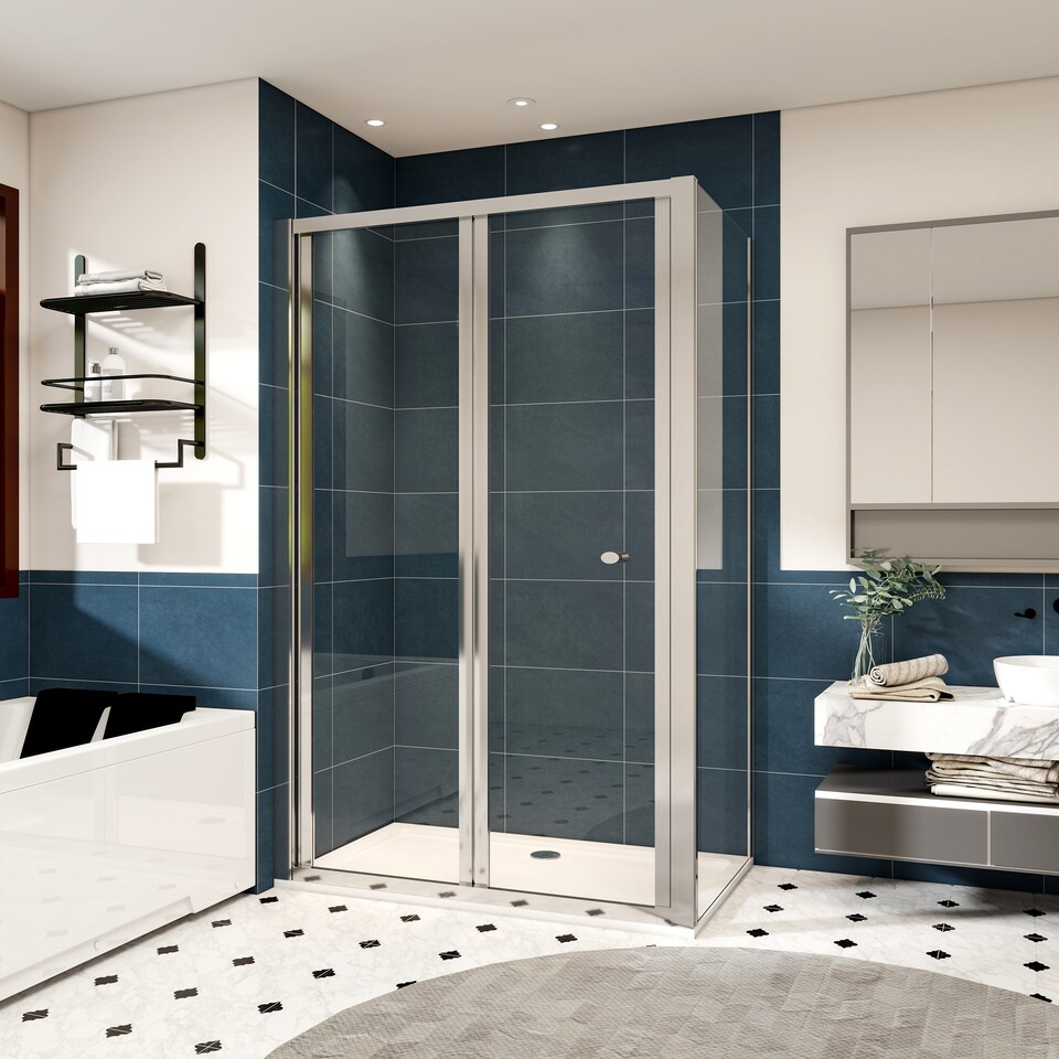 image 1 of 900x700mm Bifold Shower Door Enclosure with Stone Resin Shower Tray Toughened Safety Glass Screen