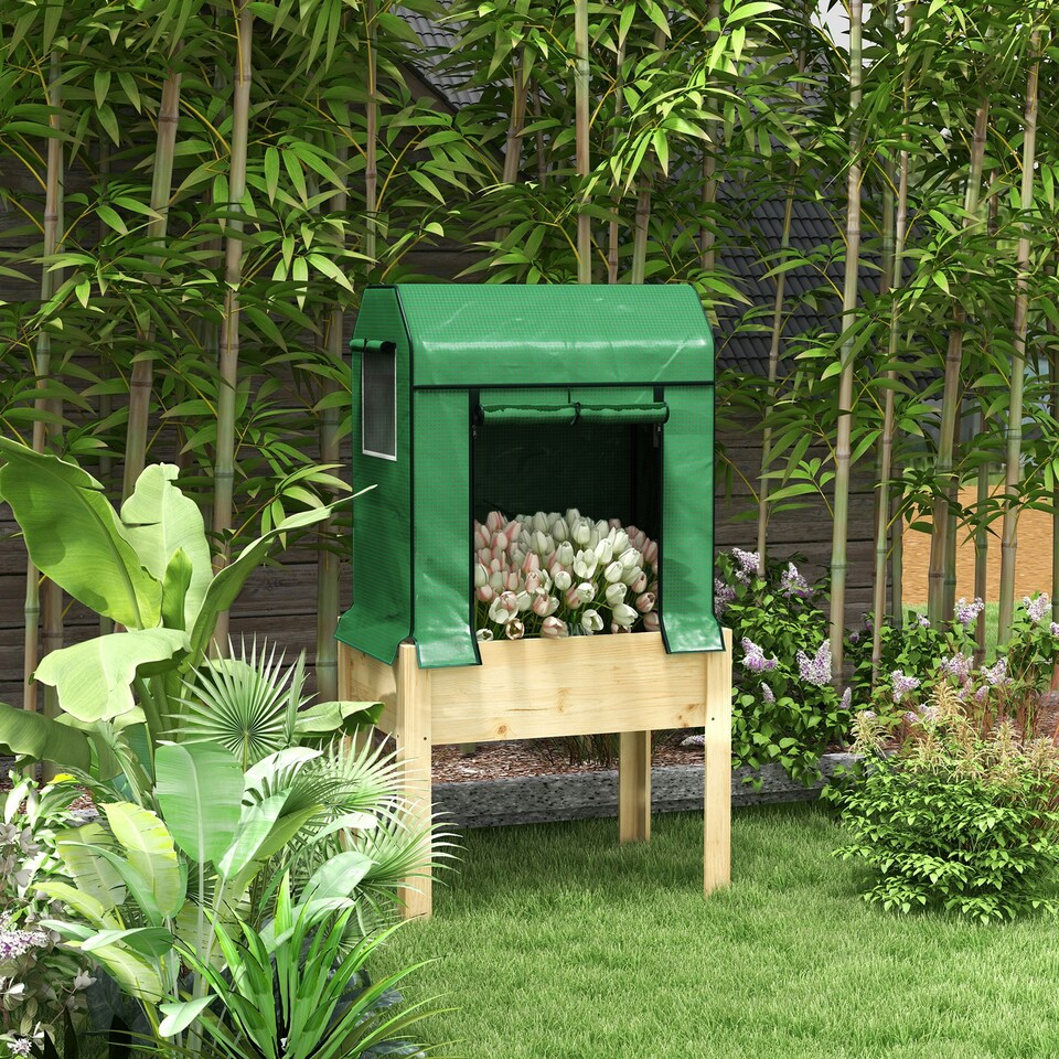 image 1 of Outsunny Wooden Raised Planter with PE Greenhouse Cover and Bed Liner