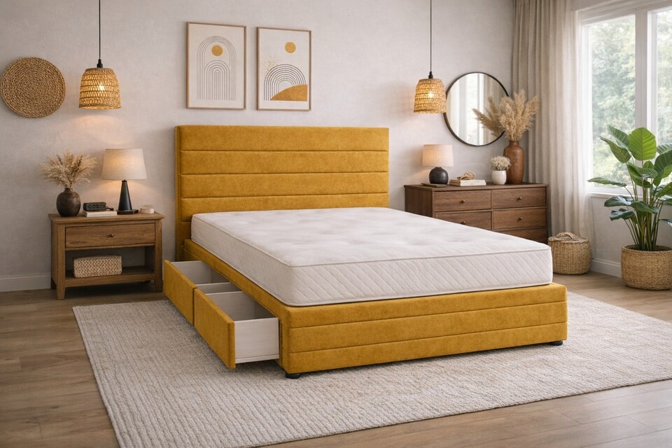 image 1 of Divan Bed Set Headboard and Footboard with Mattress 4ft Small Double Mustard Suede Storage No Drawers