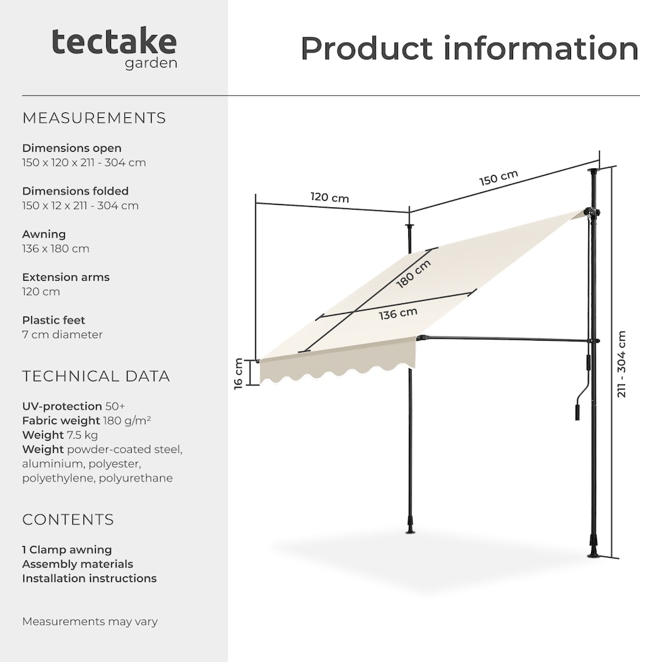 image 1 of Awning with hand crank - pressure fitted , height adjustable | Cream | beige | 150 x 180 cm | 1