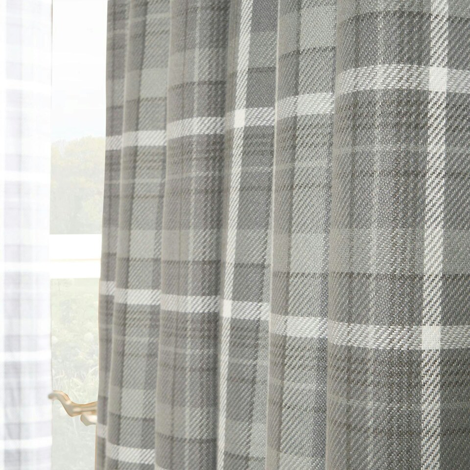 image 1 of OHS Winsford Woven Check Thermal Blackout Lined Eyelet Curtains, 90x90" - Charcoal