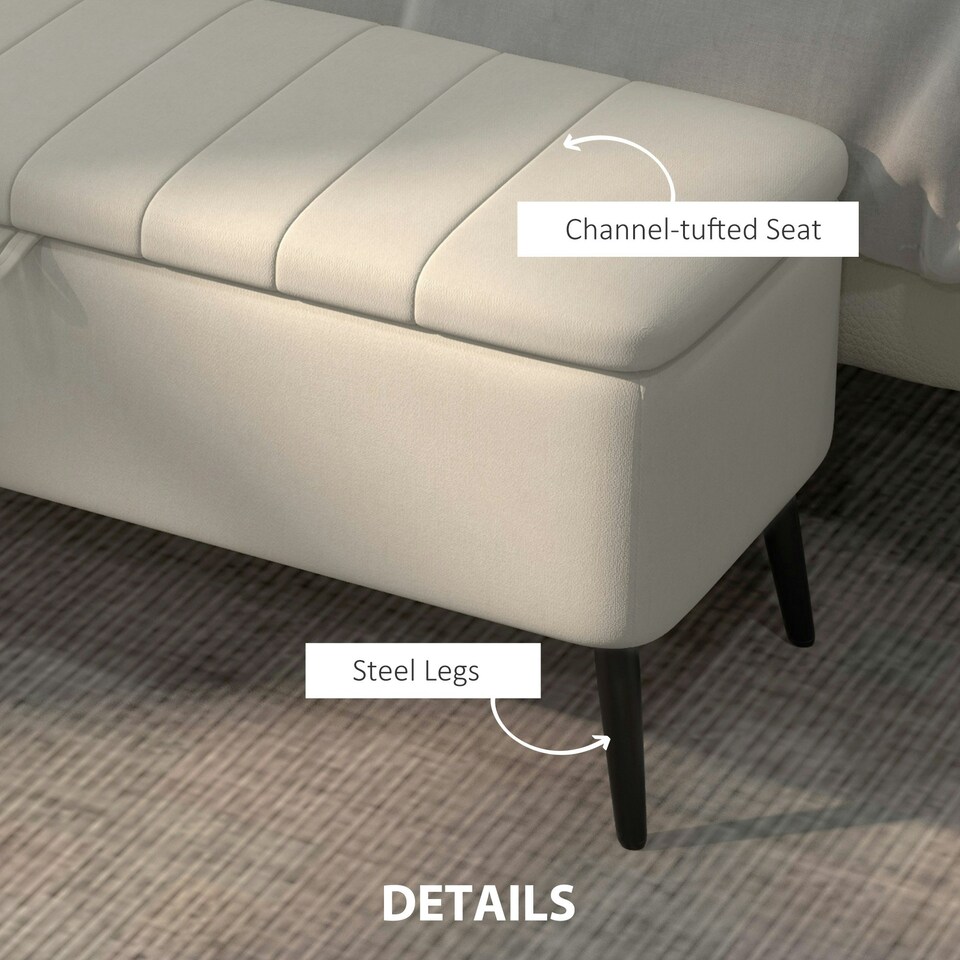 image 1 of HOMCOM Storage Ottoman Bench, Linen Fabric Footstool with Steel Legs Cream White