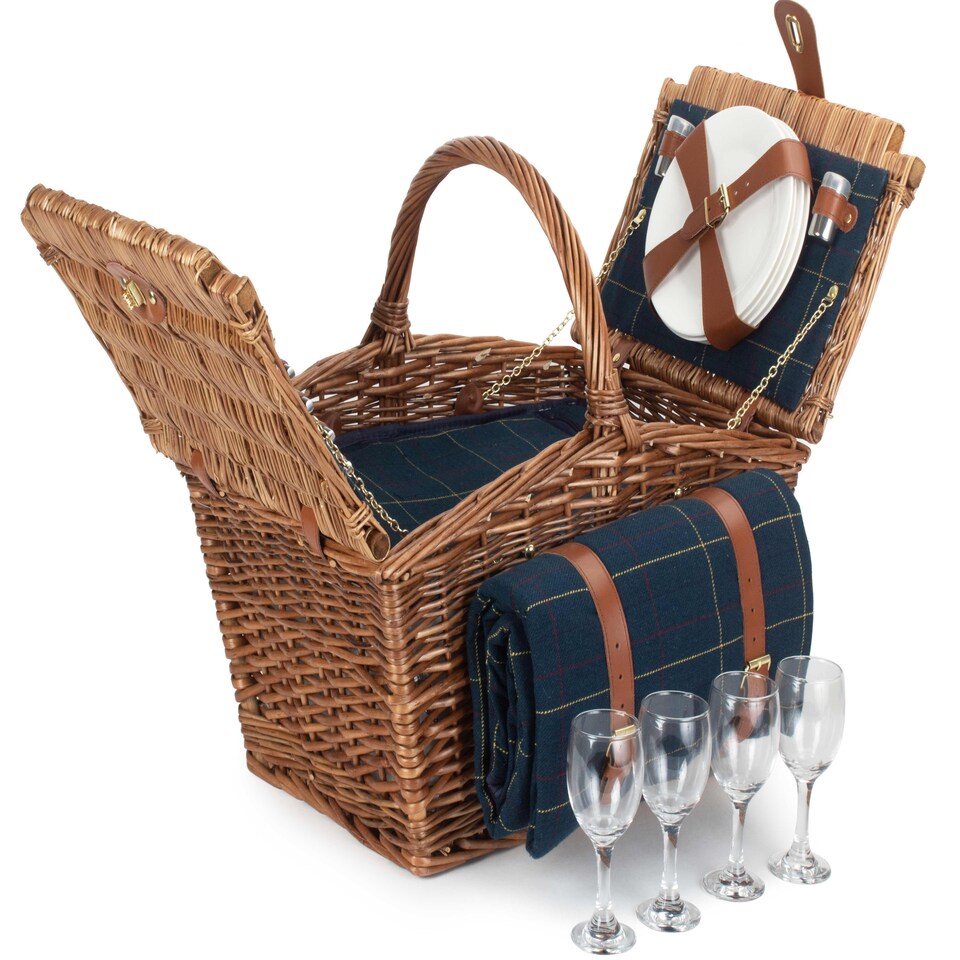 image 1 of Elegant 4 Person Blue Tweed Fitted Picnic Basket