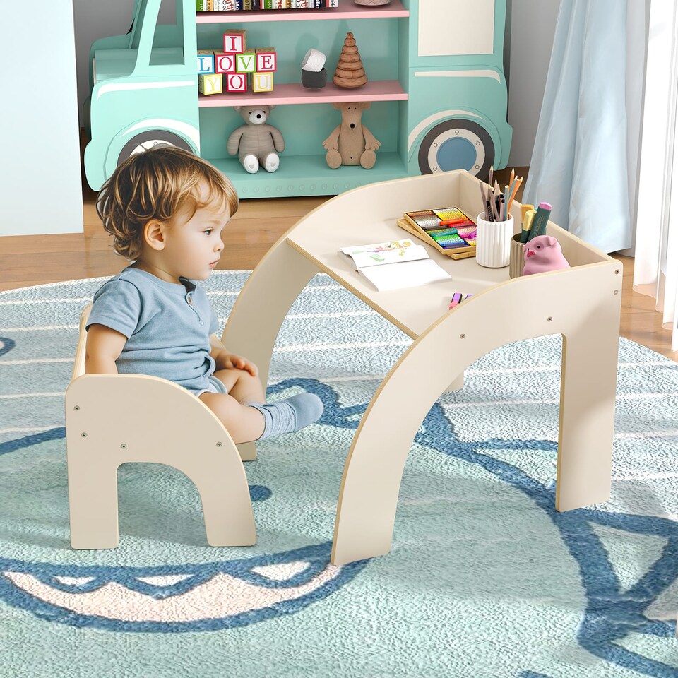 image 1 of COSTWAY Wooded Toddler Kids Desk and Chair Set White