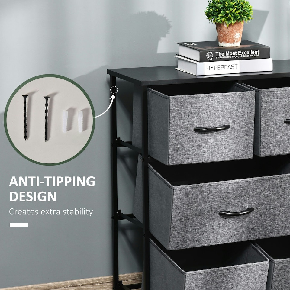 image 1 of HOMCOM Chest of Drawers Bedroom Dresser with 8 Fabric Drawers, Dark Grey | Multi | 100W x 30D x 78.5Hcm