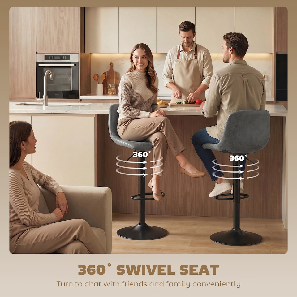 image 1 of HOMCOM Bar Stools Set of 2, Modern Swivel Barstools for Dining Room | Black | Grey | 37 x 44 x 82-104 cm