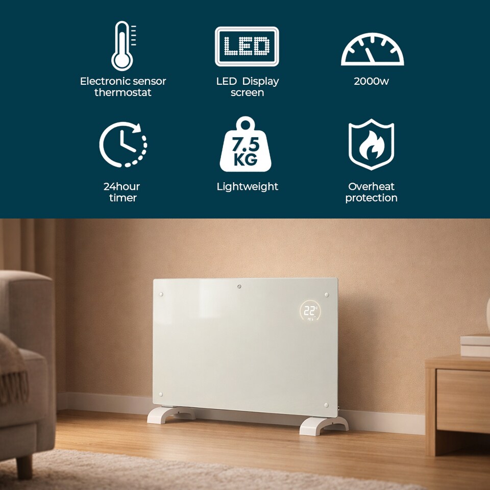 image 1 of Glass Panel Electric Radiator Smart App Control Heater 2KW Wifi LED Wall Mount or Floor Standing Portable 2000W White | White | 1