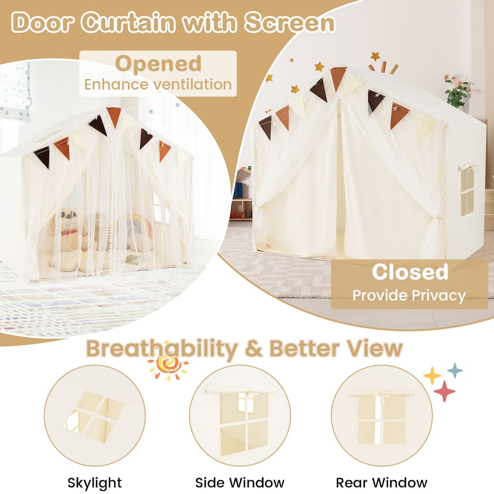 image 1 of COSTWAY Kids Play Tent 3-4 Kids Large Play Tent House w/Screen Curtains-Beige