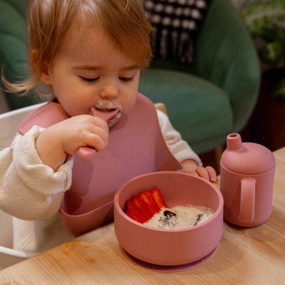 image 1 of Tiny Dining Silicone Weaning Spoon - Dusty Rose - Children's Baby Toddler Soft Curved Feeding Weaning Cutlery